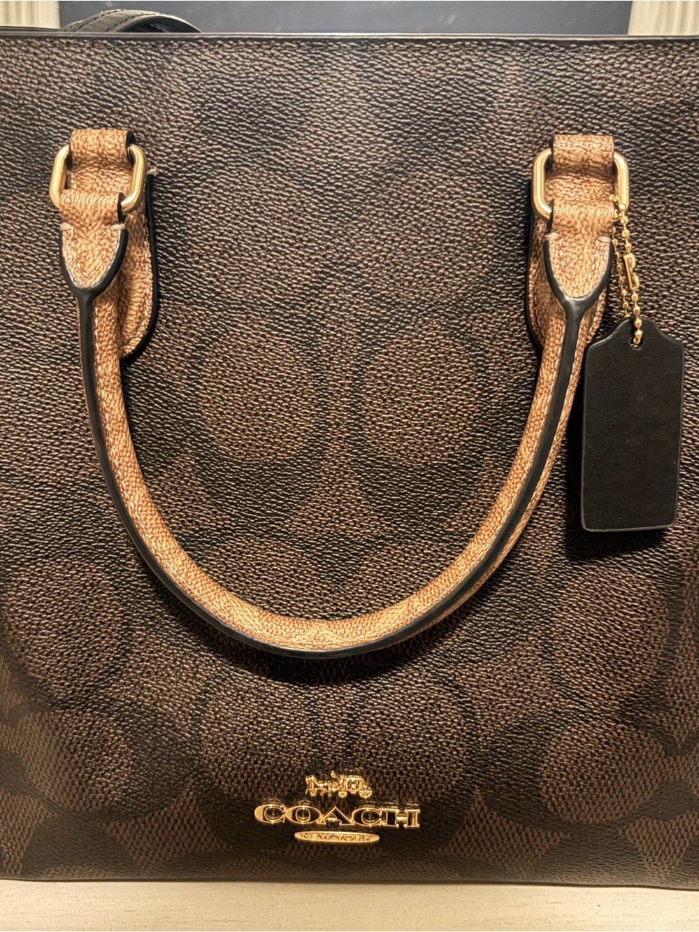 Coach Dark Brown Signature Canvas Maggie Tote with Gold Hardware